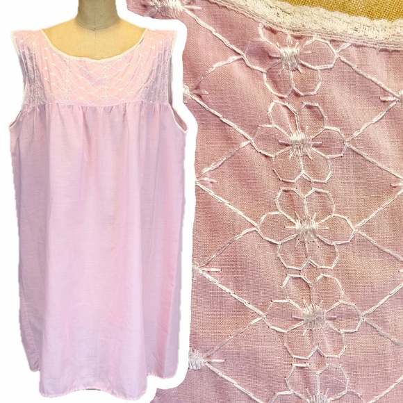 Vintage Other - VINTAGE embroidered cotton nightgown shift midi pink floral sleeveless lace 60s